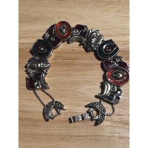 Western Slide Bracelet Rhinestone Enamel Silver Tone Slide Charm Bracelet